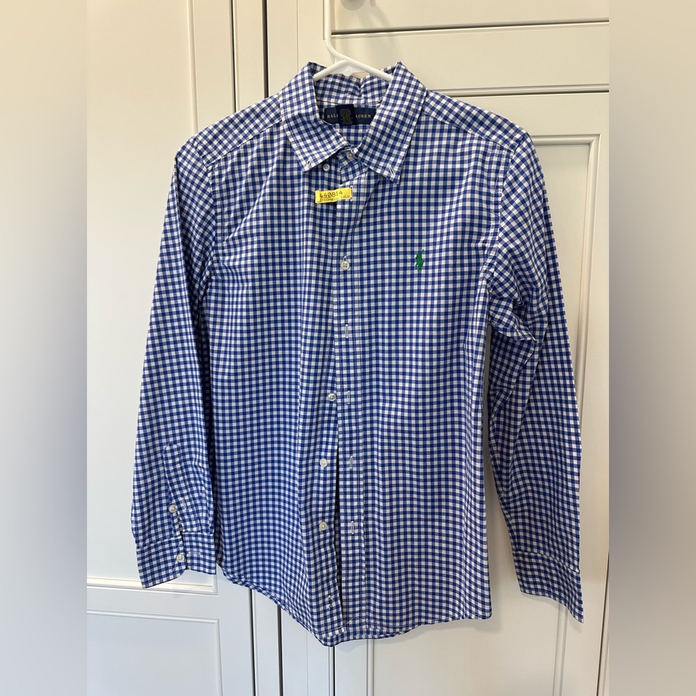 Ralph Lauren boys shirt, blue and white gingham poplin, size large 14/16